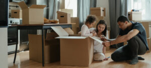 Family packing kitchen for moving to Las Vegas